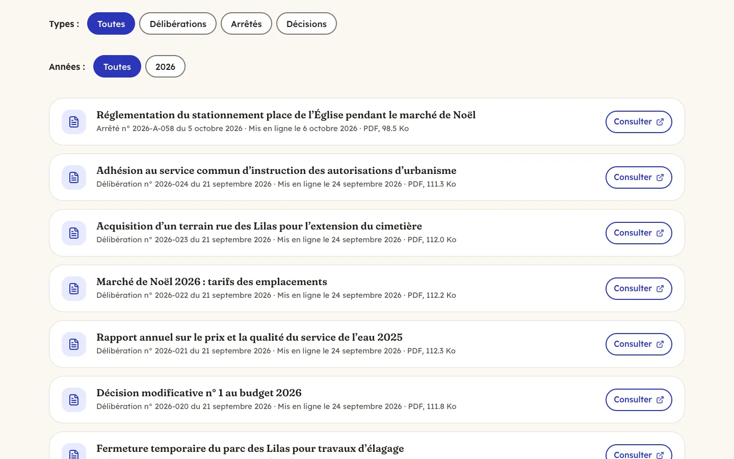 Page Actes administratifs de la démo avec le thème Lavoir : filtres par type (délibérations, arrêtés, décisions) et par année, puis la liste des actes, chacun avec son numéro, sa date, sa date de mise en ligne et un bouton pour consulter le PDF.