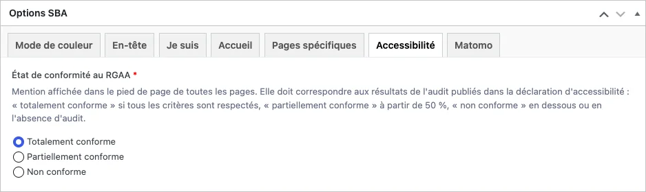 Onglet Accessibilité des options du site : état de conformité au RGAA, avec les choix Totalement conforme, Partiellement conforme et Non conforme, et le rappel des seuils.