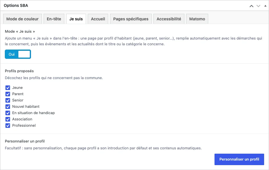 Onglet Je suis des options du site : interrupteur Mode « Je suis », cases des sept profils proposés et bouton Personnaliser un profil.