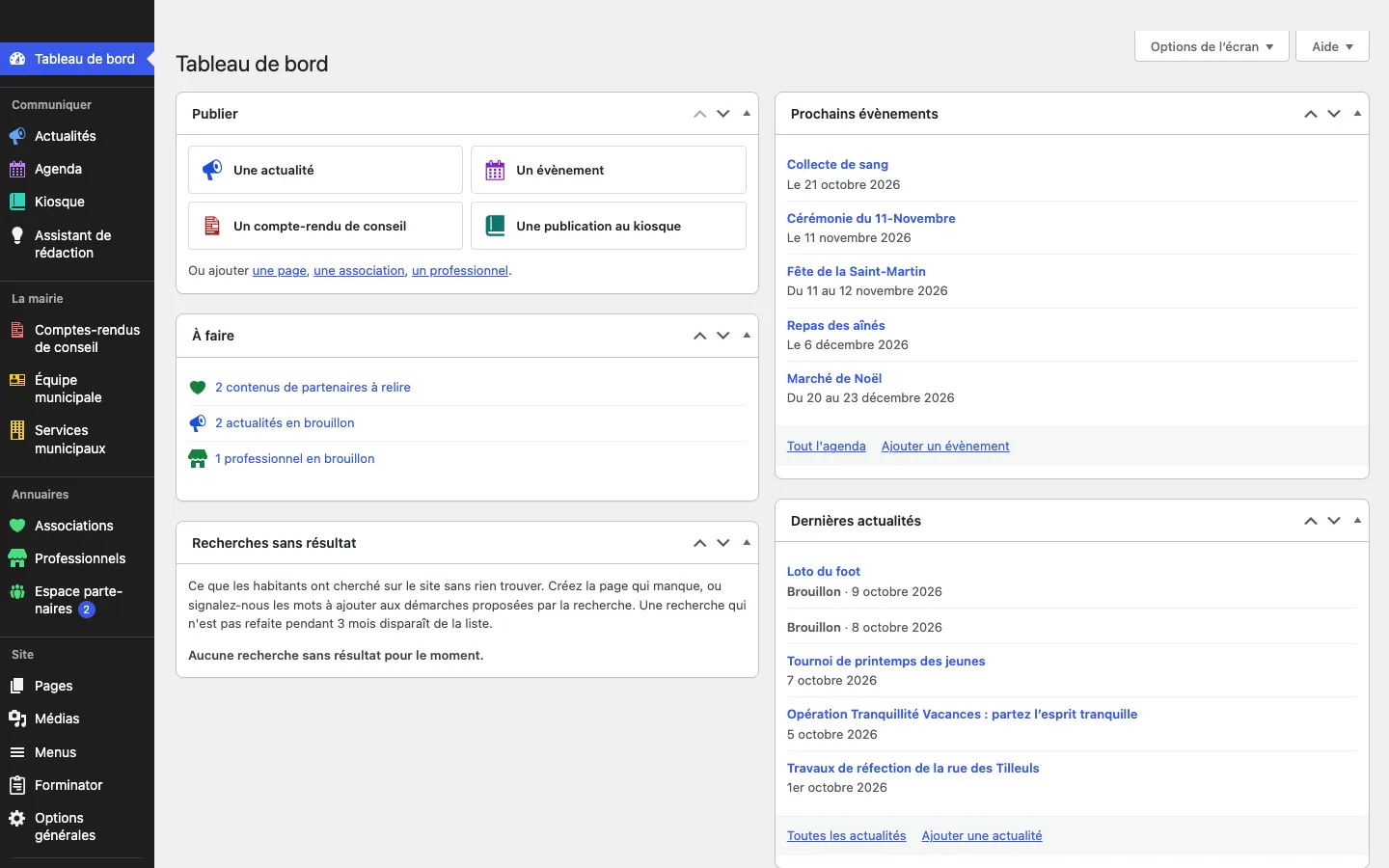 Tableau de bord de l’administration : blocs Publier, À faire, Recherches sans résultat, Prochains évènements et Dernières actualités.