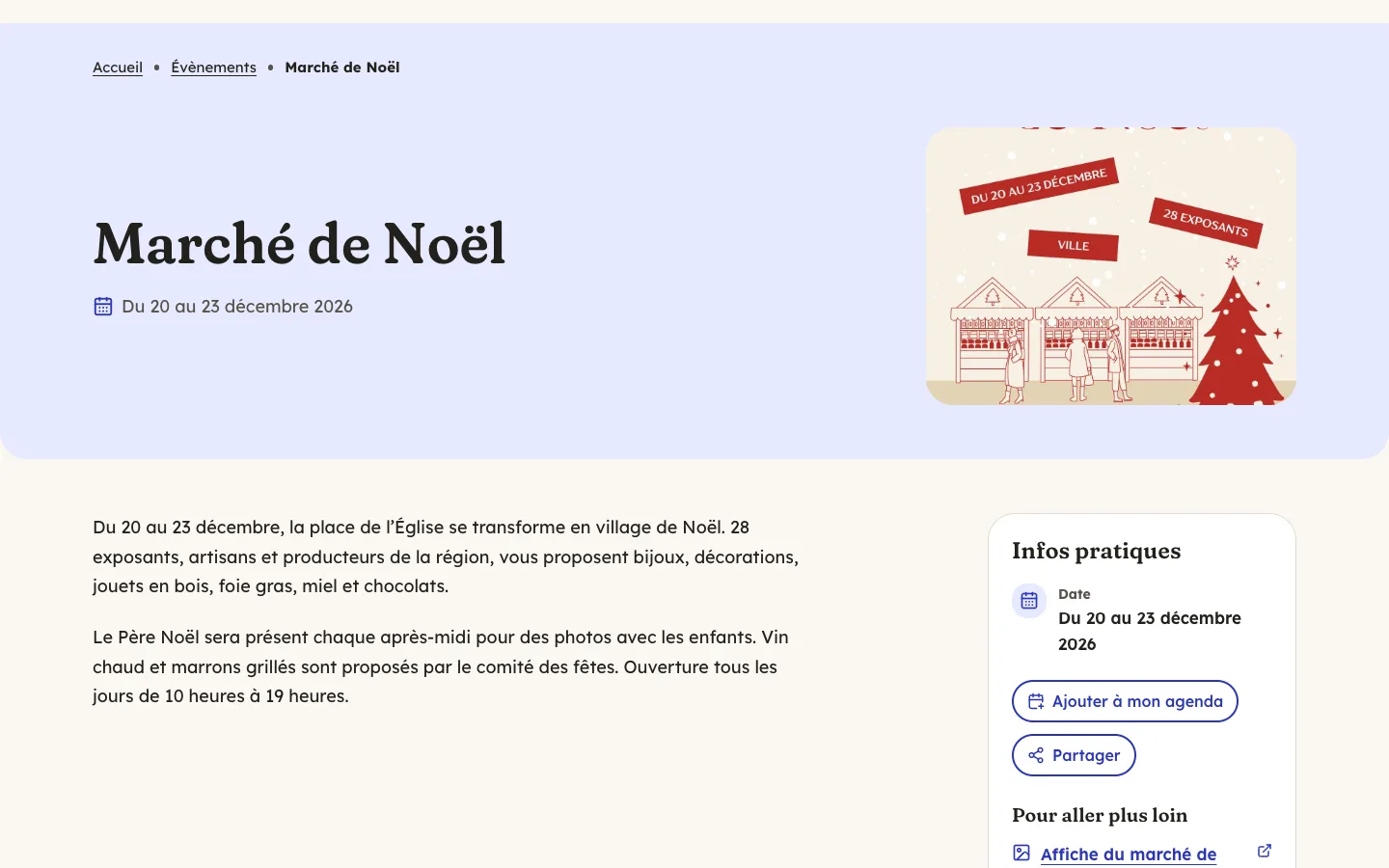 Fiche de l’évènement Marché de Noël avec le thème Lavoir : dates du 20 au 23 décembre 2026, texte de présentation, encadré Infos pratiques avec les boutons Ajouter à mon agenda et Partager, et l’affiche du marché.