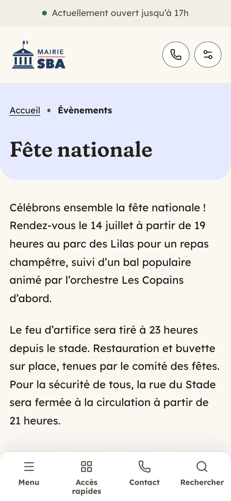 Fiche d’un évènement sur téléphone avec le thème Lavoir, et la barre d’onglets en bas d’écran.