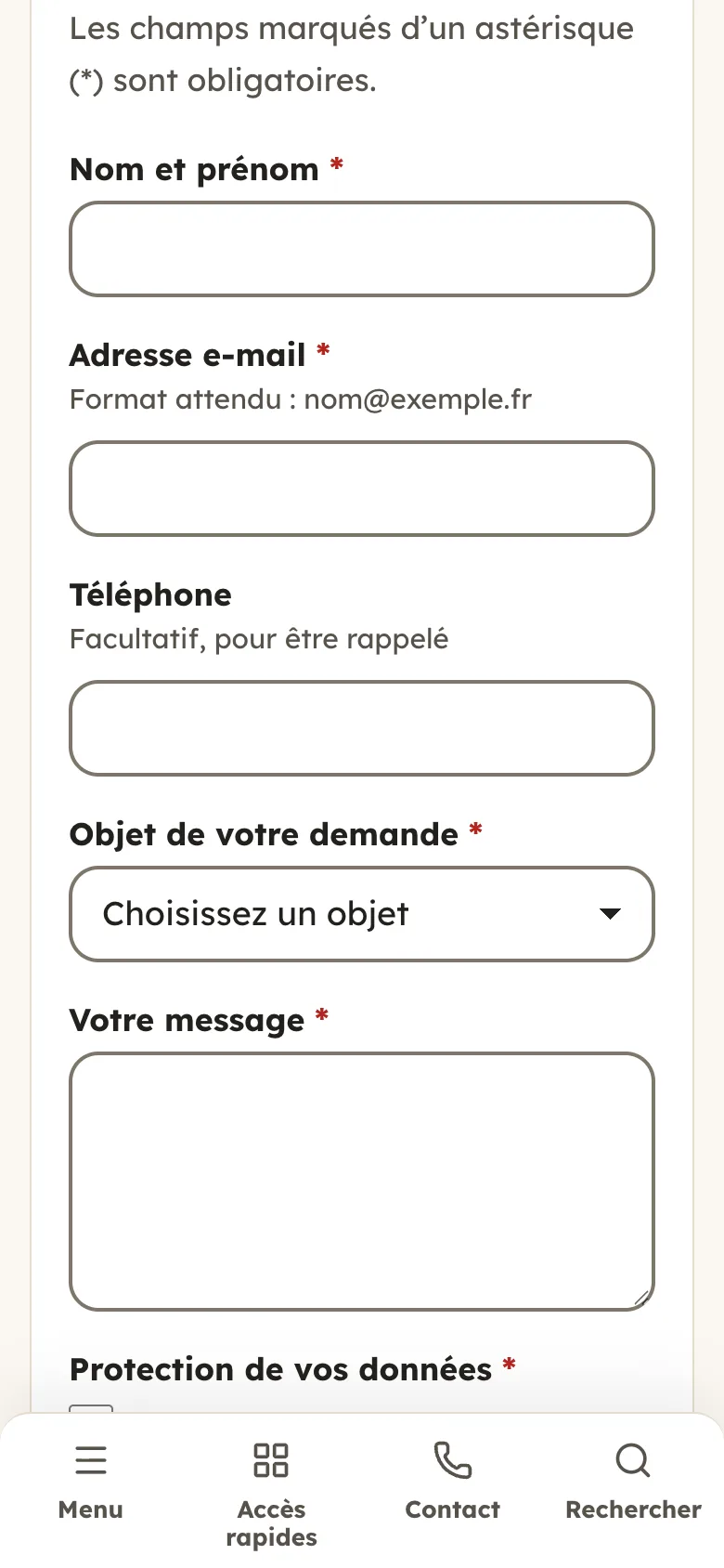 Le formulaire de contact sur téléphone, avec le thème Lavoir.