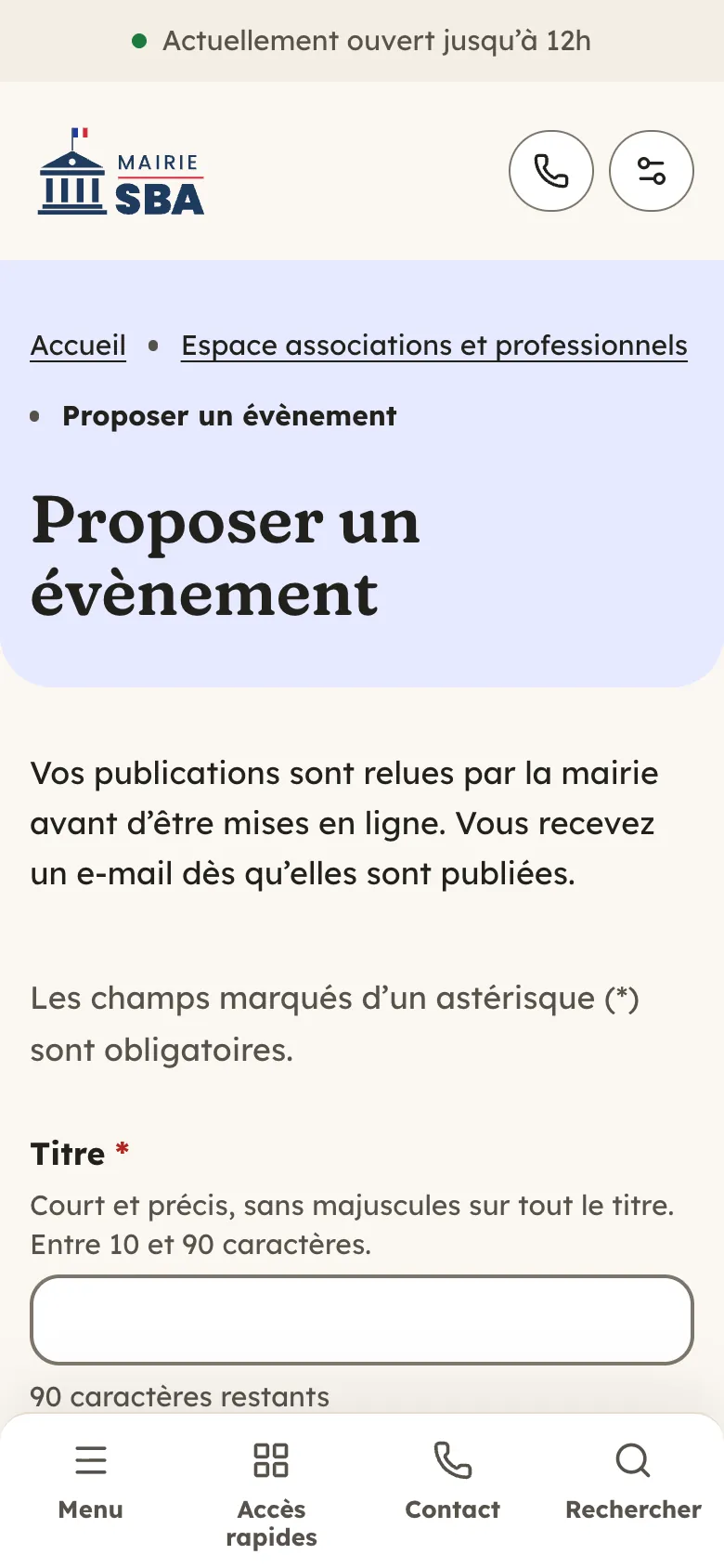 Formulaire Proposer un évènement sur téléphone avec le thème Lavoir, qui précise que les publications sont relues par la mairie avant d’être mises en ligne.