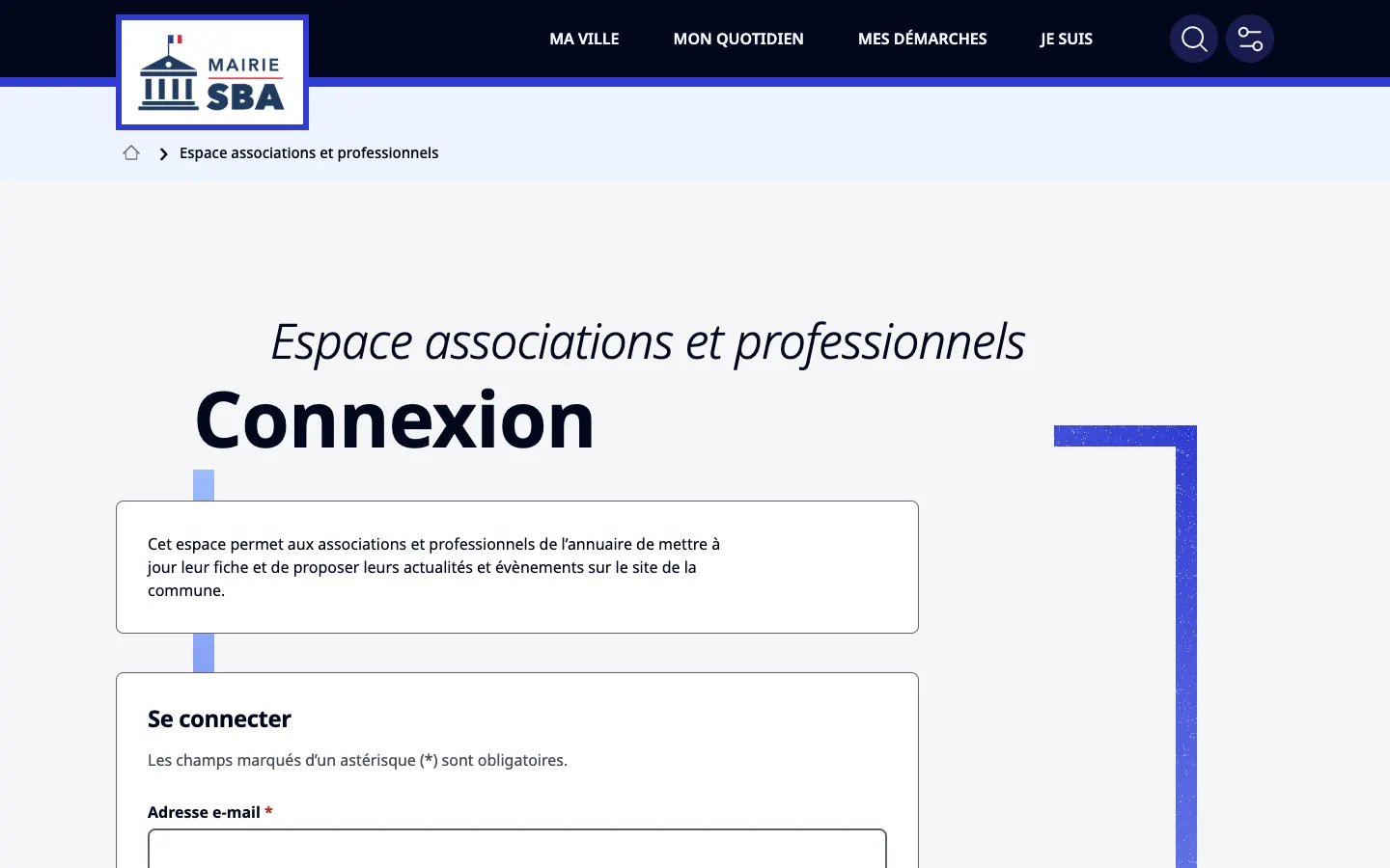 Page de connexion de l’espace associations et professionnels, avec le thème Parvis.