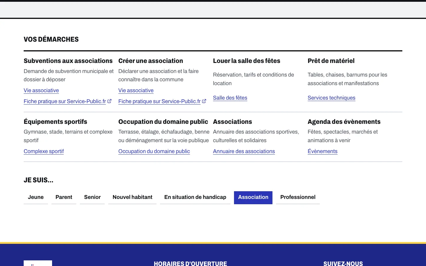 Page « Vous représentez une association » avec le thème Beffroi : subventions, création d’association, location de la salle des fêtes, prêt de matériel, équipements sportifs, occupation du domaine public, puis la liste des autres profils.