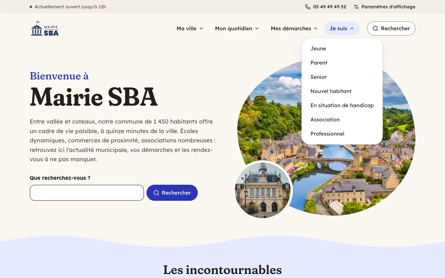 Page d’accueil avec le thème Lavoir, menu « Je suis » ouvert : Jeune, Parent, Senior, Nouvel habitant, En situation de handicap, Association, Professionnel.