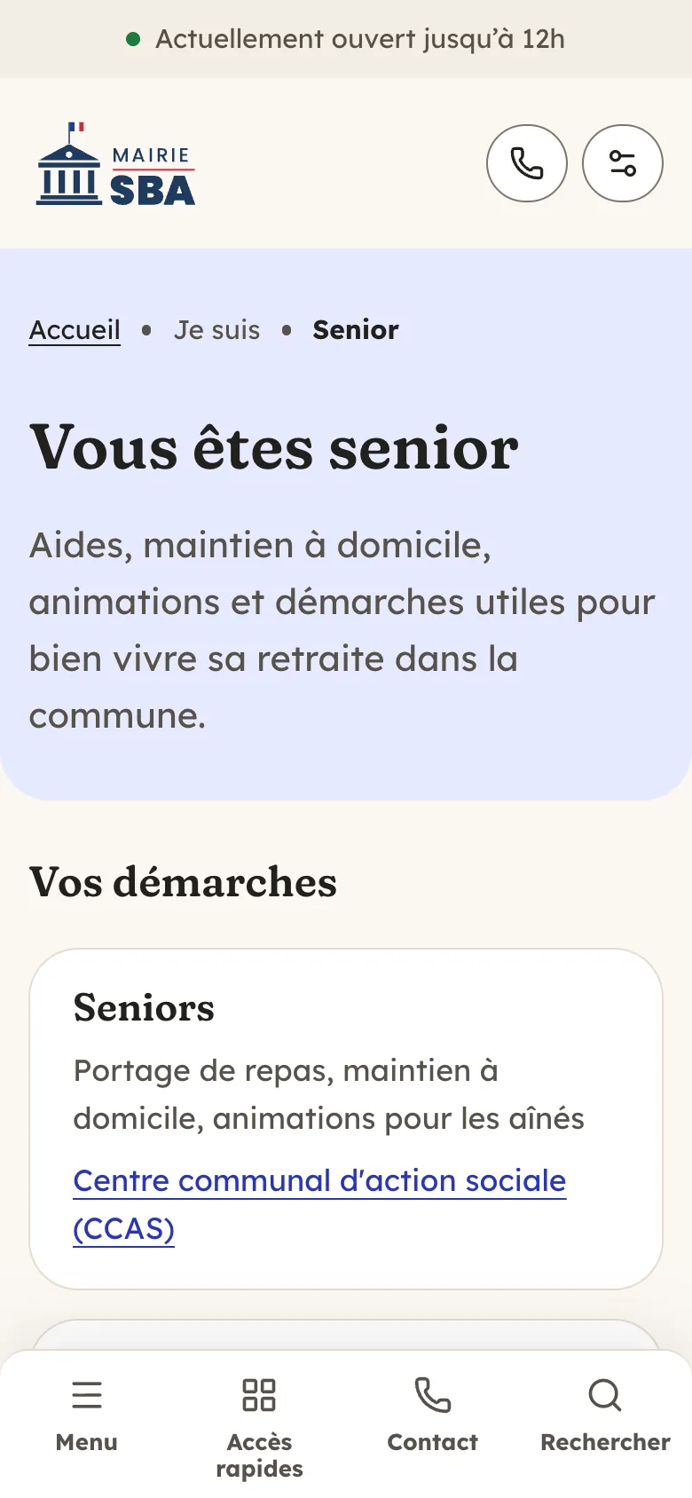 Page « Vous êtes senior » sur téléphone avec le thème Lavoir : aides, maintien à domicile et animations, puis la démarche Seniors qui mène au CCAS.