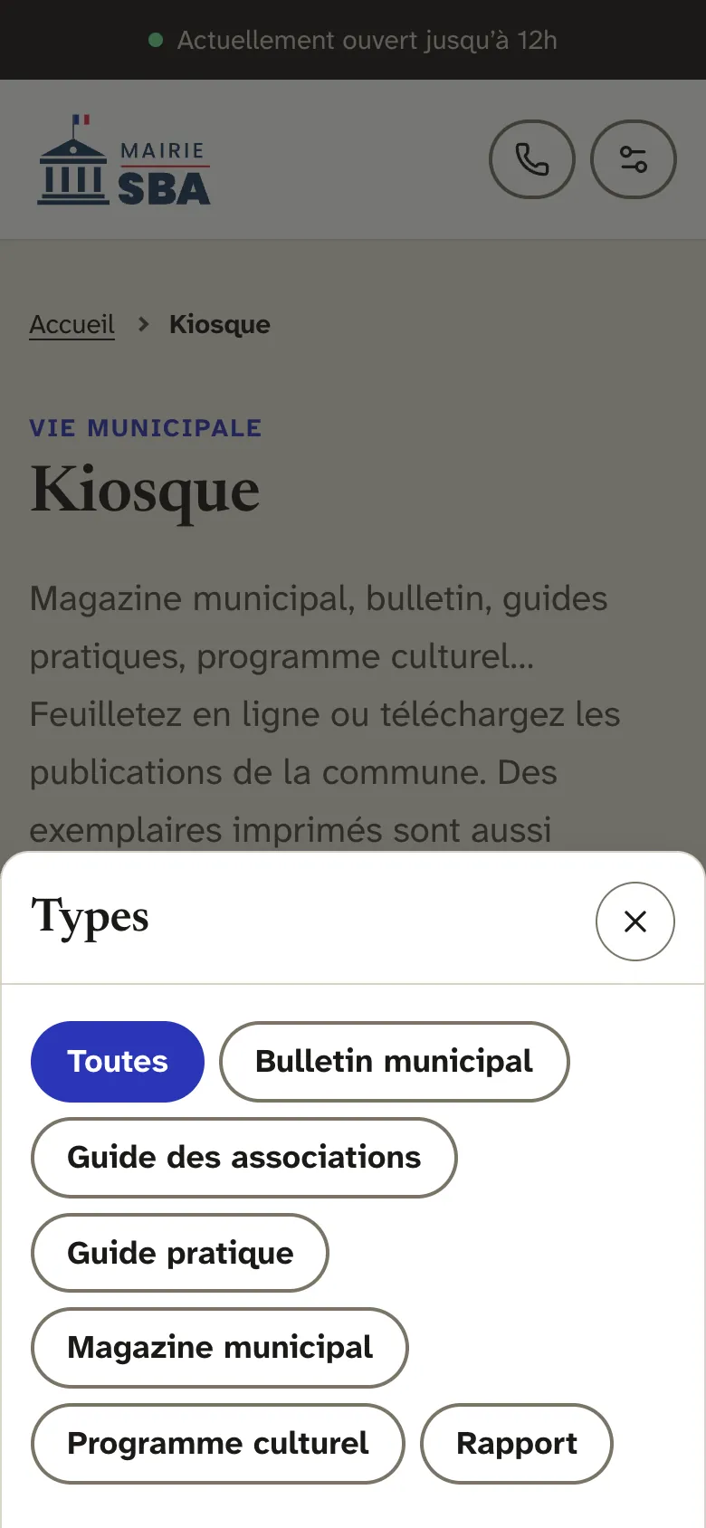 Kiosque sur téléphone avec le thème Kiosque : le panneau Types s’ouvre en bas de l’écran avec Toutes, Bulletin municipal, Guide des associations, Guide pratique, Magazine municipal, Programme culturel et Rapport.