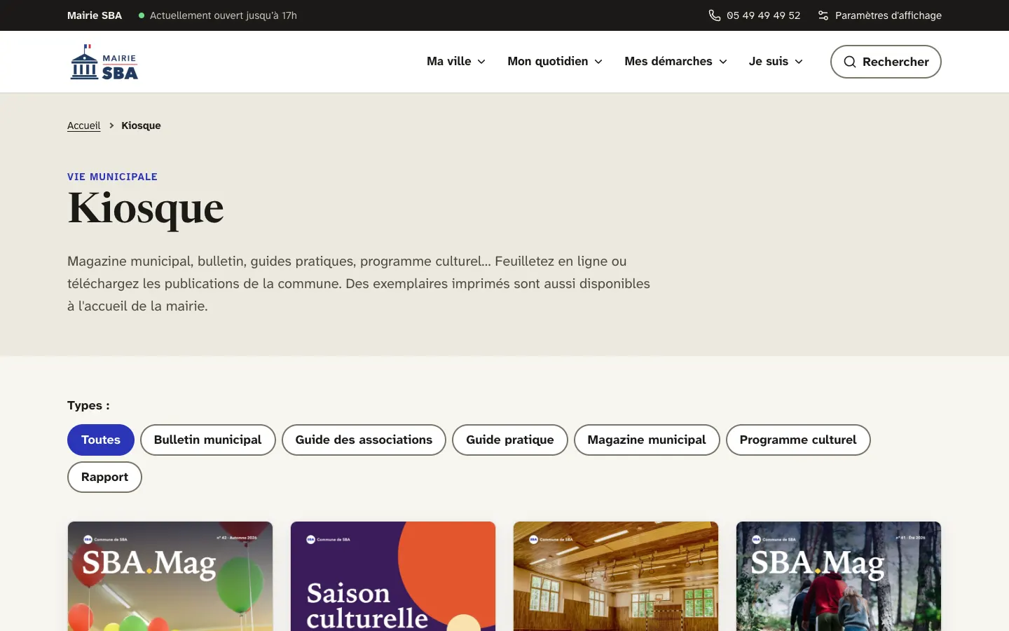 Page Kiosque : filtres par type de publication et couvertures des magazines.