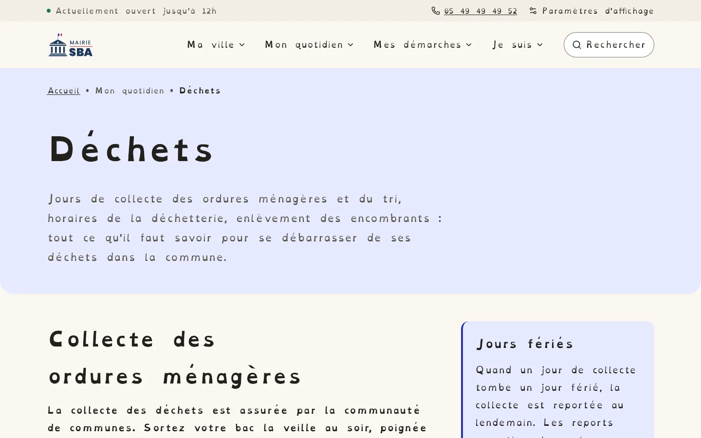 Page Déchets avec le thème Lavoir, affichée avec la police OpenDyslexic, un interlignage augmenté et les liens soulignés.