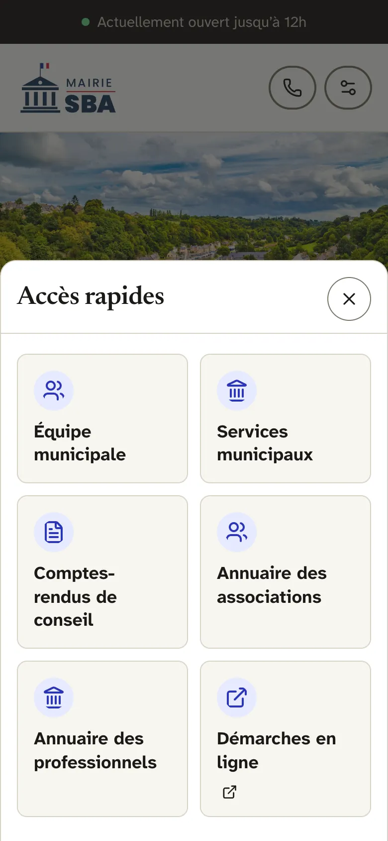 Panneau Accès rapides ouvert depuis la barre d’onglets, avec le thème Kiosque : Équipe municipale, Services municipaux, Comptes-rendus de conseil, Annuaire des associations, Annuaire des professionnels et Démarches en ligne.