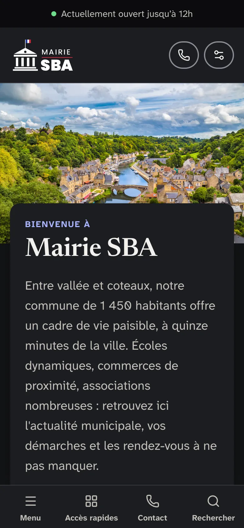 Page d’accueil en mode sombre sur téléphone, avec le thème Kiosque.