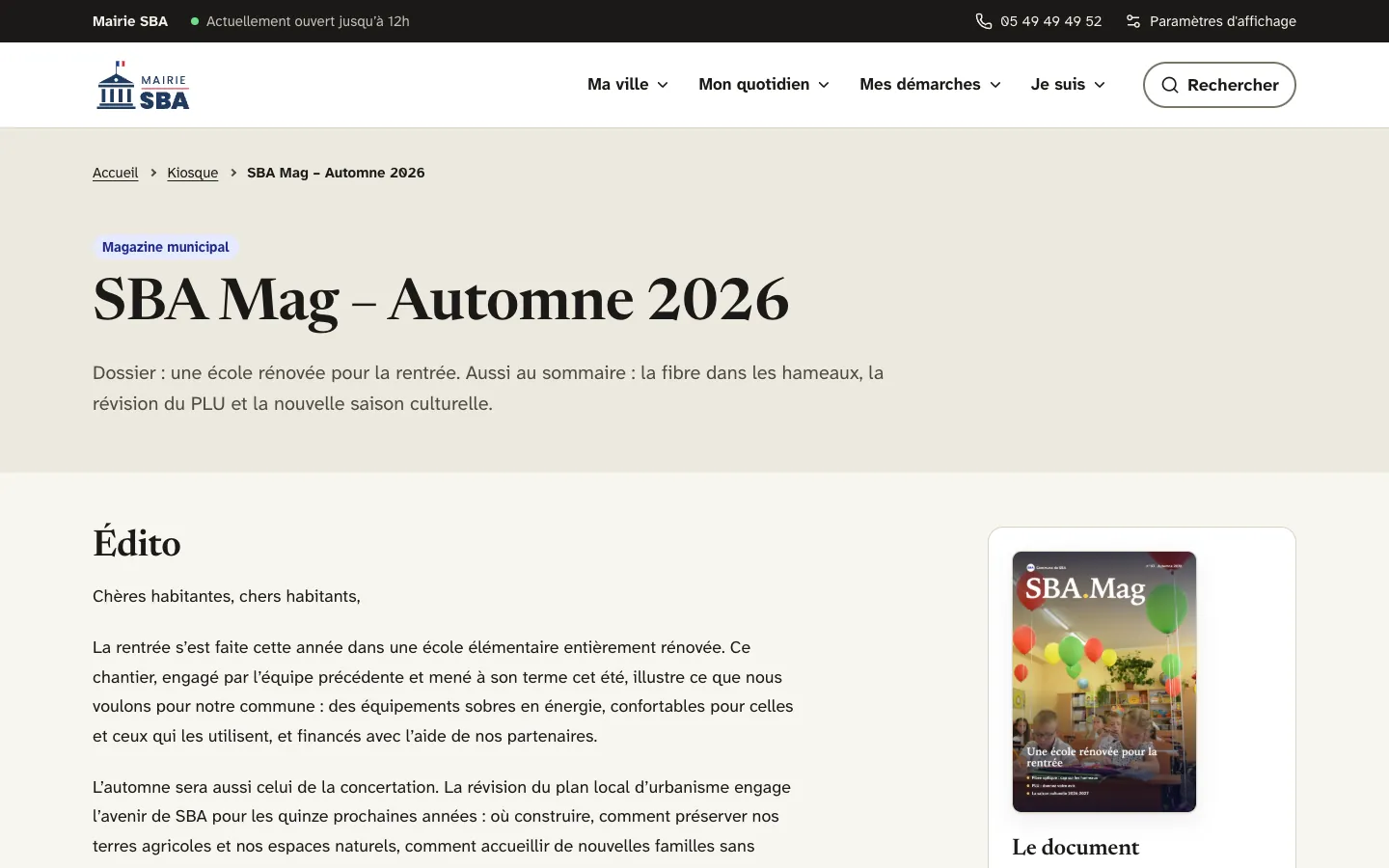 Publication SBA Mag – Automne 2026 avec le thème Kiosque : type Magazine municipal, sommaire en introduction, édito lisible en ligne et couverture du document dans la colonne de droite.