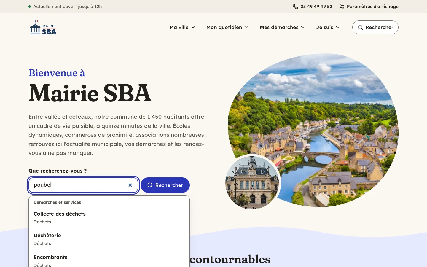 Page d’accueil avec le thème Lavoir : l’habitant a tapé « poubel » et le site propose Collecte des déchets, Déchèterie et Encombrants.