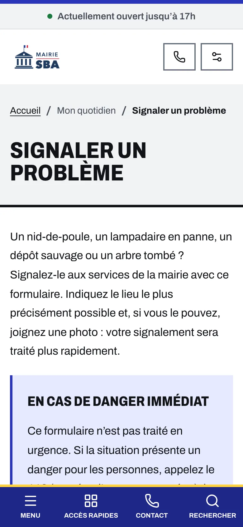 Page « Signaler un problème » sur téléphone avec le thème Beffroi : texte d’introduction, encadré sur les numéros d’urgence et début du formulaire.